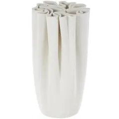 White Ceramic Abstract Ribbed Dimensional Folded Vase with Compact Wavy Rim