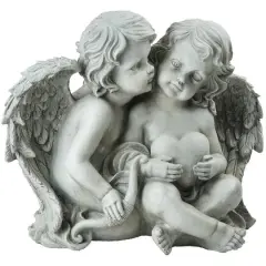 16.25" Gray Sitting Cherub Angels Holding a Heart & Bow Outdoor Statue