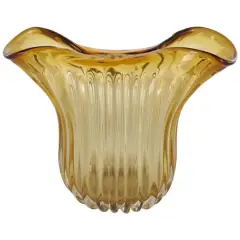 14" Orange Glass Ribbed Ombre Vase with Folded Curve Opening