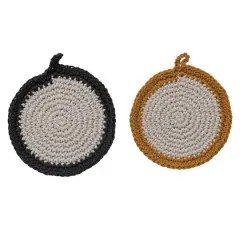 Hello Honey&reg; 8" Brown Accented Round Cotton Crocheted Pot Holder Set