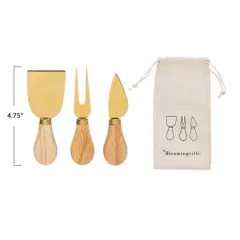 Hello Honey&reg; Gold Stainless Steel Cheese Utensils with Oak Wood Handles Set in Printed Drawstring Bag