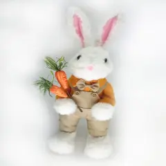 15" White & Tan Plush Standing Boy Rabbit with Overalls Easter Figure