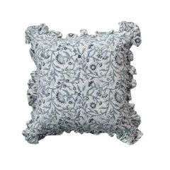 Hello Honey&reg; 18" Blue & White Floral Accent Pillow with Ruffled Edges