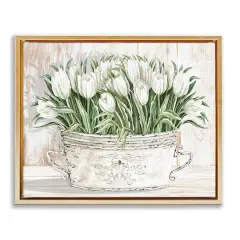 Stupell Industries Fresh White Tulip Flowers Vintage Floater Framed Art Gold