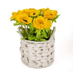10" Anemone Flower Bouquet In White Basket Yellow