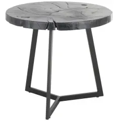 21.5" Black Teak Wood Handmade Live Edge Accent Table with Black Metal Base