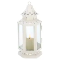 8" White Metal Victorian Lantern with Floral Cutouts