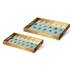 Glitzhome&reg; Rectangle Peacock Feathers Patterned Decorative Trays Set