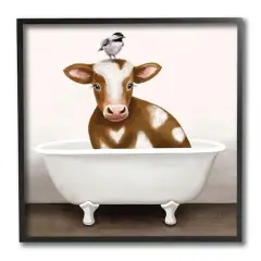 Stupell Industries Cow in Bathtub with Perched Bird Animals,12" x 12"