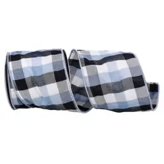 JAM Paper 4" x 10yd. Blue & Black Checkered Gingham Wired Edge Ribbon