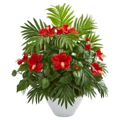 2.2ft. Red Hibiscus & Areca Palm Artificial Plant in White Bowl 