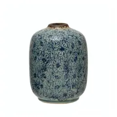 Hello Honey&reg; 7" Distressed Blue Terracotta Vase with Floral Pattern