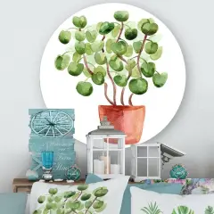 Designart - Chinese Money Plant In Pot - Traditional Metal Circle Wall Art