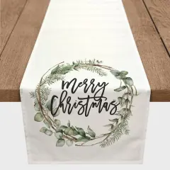 72" Merry Christmas Wreath Poly Twill Table Runner