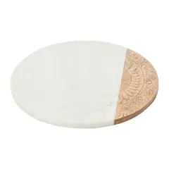 Hello Honey&reg; 12" Round Contemporary Mango Wood & Marble Serving Board with Engraved Design