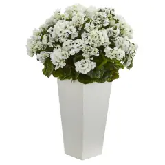 27" White UV Resistant Geranium Arrangement in White Planter