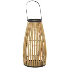 20" Brown Wicker Handmade Slatted Frame Candle Lantern with Handle