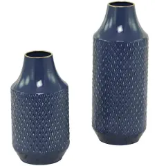 Blue Metal Diamond Embossed Exterior Vase Set of 2 16", 12"
