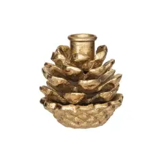 Hello Honey&reg; 3.5" Anique Gold Finish Metal Pinecone Shaped Taper Candle Holder