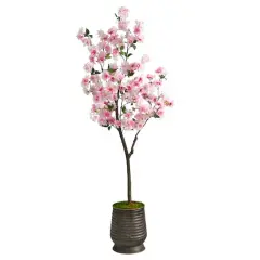 5.5ft. Cherry Blossom Tree in Ribbed Metal Planter