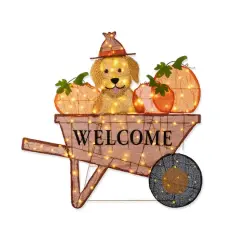 Glitzhome&reg; 36.25" Lighted Fall Pumpkin Wheel Barrow Outdoor Decor with Warm White LED Lights