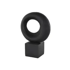 14.25" Black Polystone Geometric Textured Cutout Ring Sculpture with Block Base