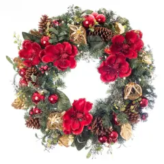 Village Lighting 30" Pre-Lit Red Magnolia Christmas Wreath, Clear LED Lights