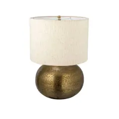 Hello Honey&reg; 20" Antique Brass Finish Round Etched Metal Table Lamp with Cotton Shade