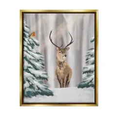 Stupell Industries Seasonal Deer Winter Landscape Framed Floater Canvas Wall Art Gold