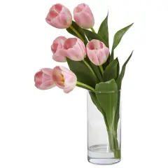 16" Pink Tulip Arrangement In Cylinder Vase