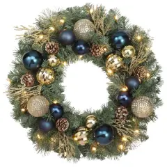 Haute Decor 24" Pre-Lit Sutton Place Blue & Gold Ornament Christmas Wreath, Soft White LED Lights