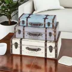 Set of 3" Multi Colored Wood Farmhouse Trunk, 23", 21", 18"