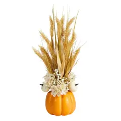 21" Dried Wheat And Pumpkin Fall Arrangement In Pumpkin Vase