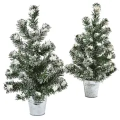 2 Pack 18" Unlit Snowy Mini Pine Artificial Christmas Trees with Tin Planters