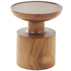 17.75" Brown Wood Handmade Accent Table with Cylinder Block Base