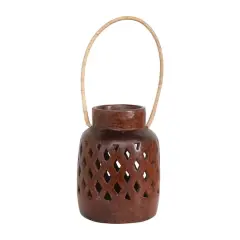 Handmade Reactive Glaze Terra-cotta Lantern With Cut-Outs & Rattan Wrapped Handle