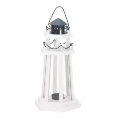12.25" White Wooden Lighthouse Hanging Candle Lantern with Chain Detailing
