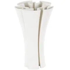 White Ceramic Abstract Ribbed Dimensional Folded Vase with Curvy Rim