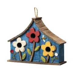 Glitzhome&reg; 15" Blue Distressed Wood Birdhouse with Flowers