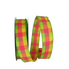JAM Paper 1.5" x 50yd. Wired Celine Plaid Ribbon Citrus/Fuchsia