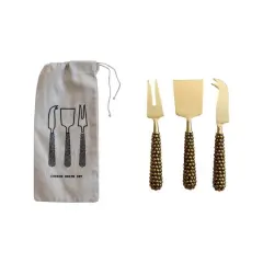 Hello Honey&reg; Gold Stainless Steel Cheese Server Set with Cast Brass Beaded Handles