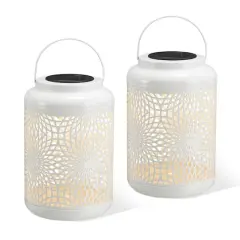 Glitzhome&reg; 8.75" Metal Cutout Solar Powered Hanging Lantern Set White