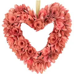14" Salmon Pink Valentine's Day Wooden Floral Heart Wreath