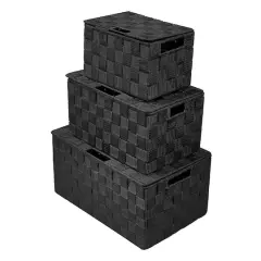 Sorbus 3-Piece Woven Basket with Lid Set Black