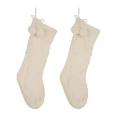 Glitzhome&reg; 24" White Knitted Polyester Christmas Stocking with Pom Pom, 2ct.