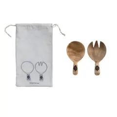 Hello Honey&reg; 7" Mango Wood Salad Servers with Bamboo Wrapped Handles & Printed Drawstring Bag
