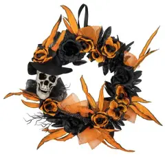 14" Skull with Black & Orange Roses Halloween Wreath