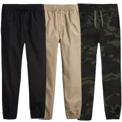 Galaxy by Harvic Boy's Slim Fitting Cotton Stretch Classic Twill Joggers 3 Pack Black/Khaki/Woodland Camo