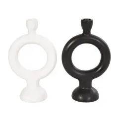 CosmoLiving by Cosmopolitan 9" Black & White Ceramic Geometric Ring Taper Candle Holder Set