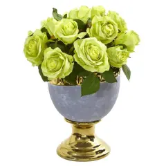 14" Rose Arrangement in Urn with Gold Trimming Green